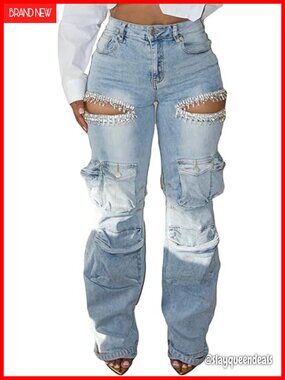 High Waisted Rhinestone Cargo Jeans Wide Leg Distressed Stretchy Denim Pants